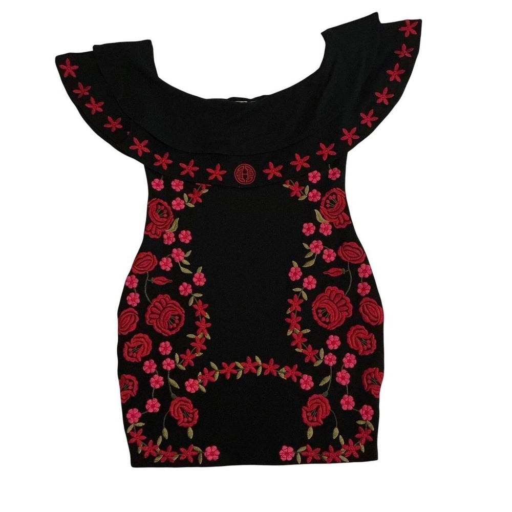 Herencia Collection Mini Dress Womens S Black Red Floral Embroidered Excellent